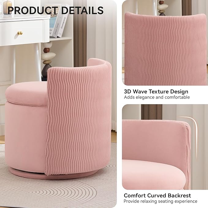 Large Velvet Vanity Chair with Storage 360° Swivel Makeup Chair with Wave Back No Assembly Small Accent Stool for Bedroom Dressing Living Room Pink