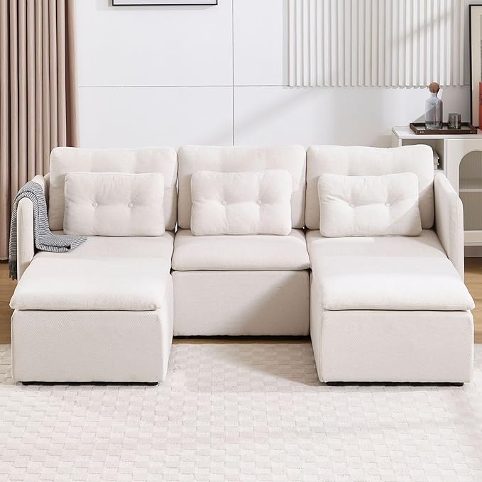LukeAlon U Shaped 3 Seater Modular Sectional Sofa Couch with Waist Pillow Modern Chenille Sofa Set with Two Ottoman 82.5 Comfy Upholstered Lounge Sleeper Sofa Couch for Living Room Apartment Beige