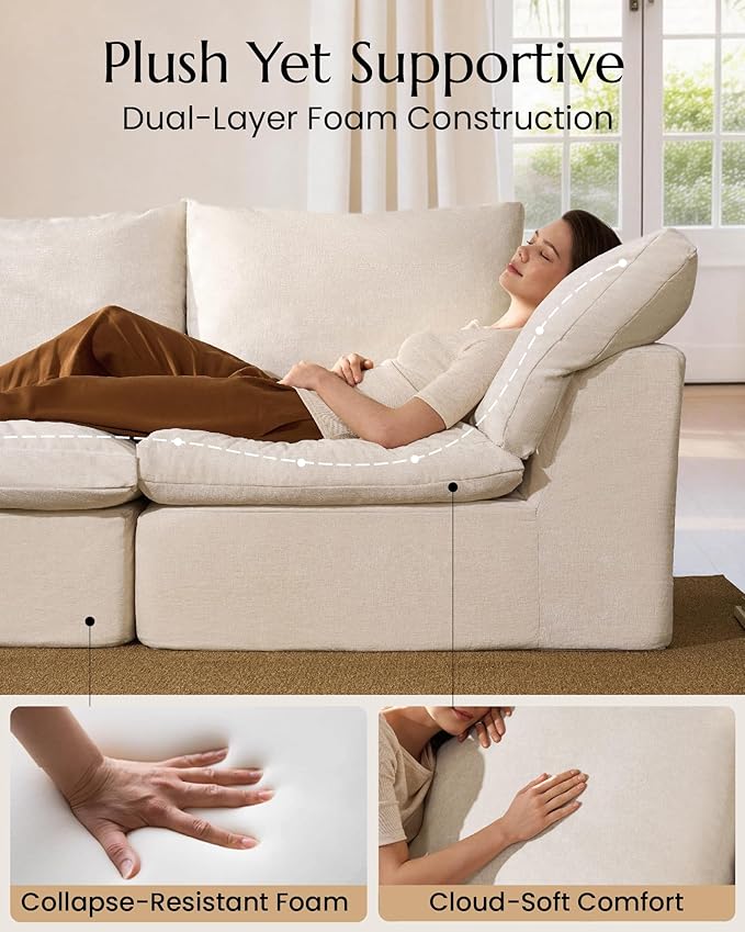 High Back Boneless Cloud Couch Luxury Chenille Modular Cloud Sofa No Assembly Boneless Couch with Removable Covers No Assembly Two Middle Modules Warm White