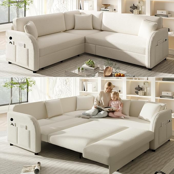 85'' L-Shaped Sectional Sleeper Sofa Bed 5-Seater Pull-Out Couch Bed with Comfy Teddy Fabric USB Ports Modular 3-in-1 Convertible Sleeper Couch for Living Room Apartment Beige | Teddy Upholstered