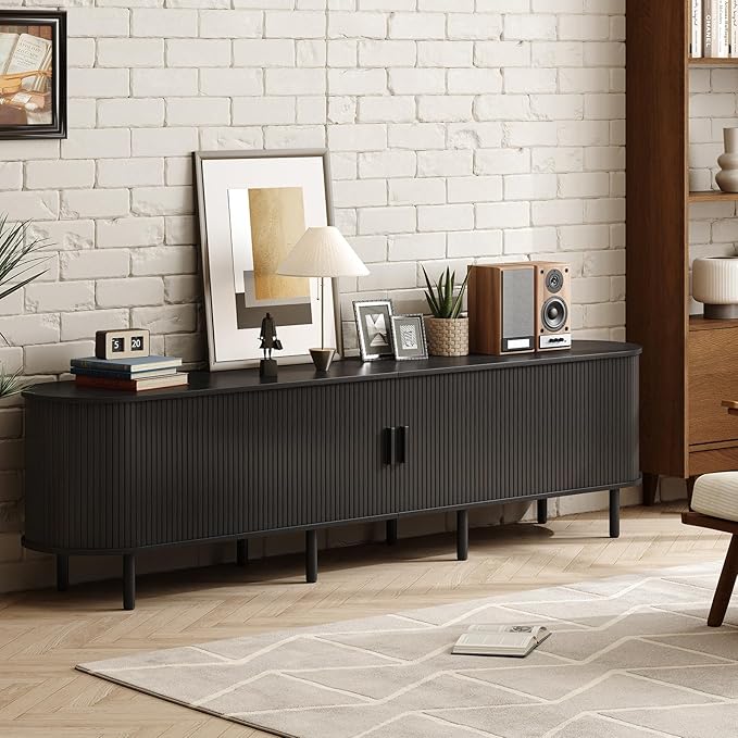 ONBRILL 86.6 TV Stand with Power Outlet for TVs up to 90 Inch Entertainment Center with Storage and Adjustable Shelves Modern Media Console with Sliding Doors for Living Room Black
