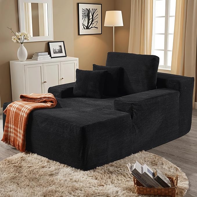 ovios 67'' Chaise Lounge Chair Indoor Oversized Upholstered Sofa Bed Sleeper Couch Reading Chairs Fluffy Plush Corduroy Cloud Sofas Couches for Living Room Black