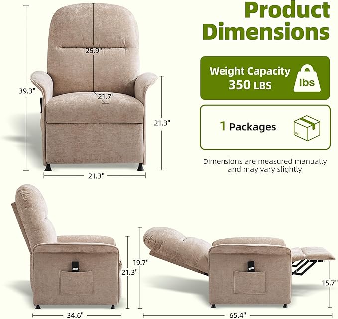 Power Recliner Chair with Remote Control 21 Wide Seat Small Recliners with Side Pocket for Adults Thick Cushions Chair for Living Room &amp Bedroom Tan