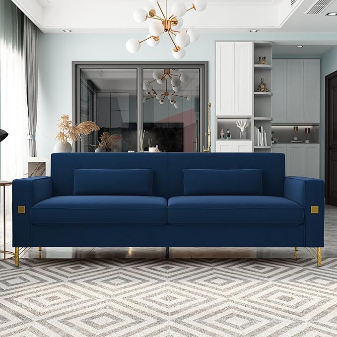 KEIKI 86 Oversized Luxury Velvet Sofa with Armrest and Removable Plush Cushions Gold Accents 3-Seater Couch with Solid Legs Easy Assembly for Living Room Bedroom Apartment Blue