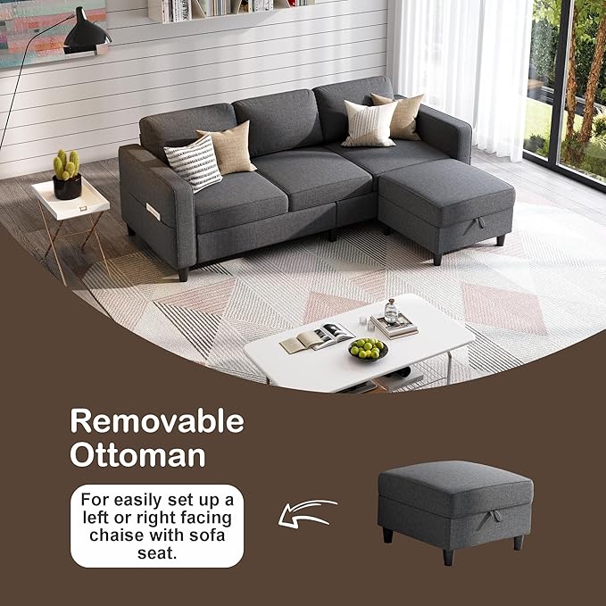 Sectional Sofas Couches for Living Room 78 L-Shaped Small Couch - Modern Linen Dark Grey Sofa with Storage Ottoman for Apartments Studios Home Offices Small Space