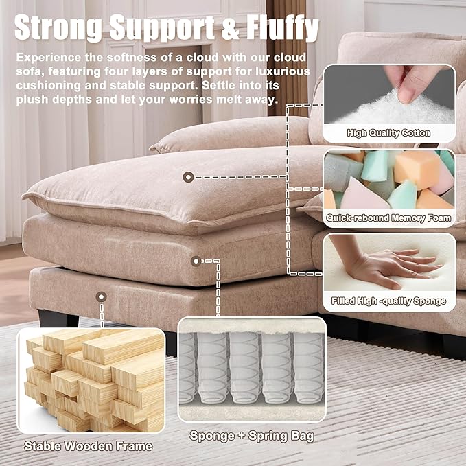 KEIKI 108 U-Shaped Chenille Modular Sectional Chenille Sofa with 2 Movable Ottoman &amp Pillows &amp 2 Side Pocket Oversized 4-Seater Couch with Memory Foam Cushion Easy Assembly for Living Room