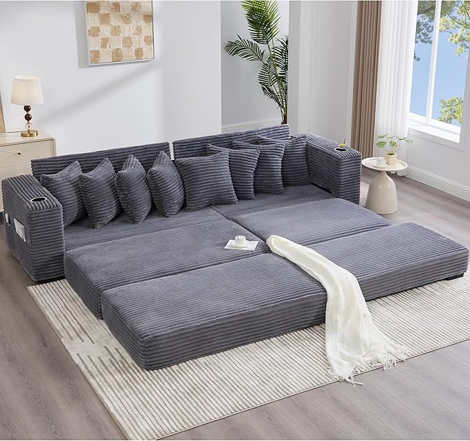 KEIKI 111 L-Shaped Oversized Corduroy Modular Sectional Sofa with 1 Ottoman 2 Cup Holder Convertible 4-Seater Couch Bed with 8 Throw Pillow Side Pocket Easy Assembly for Living Room Dark Gray