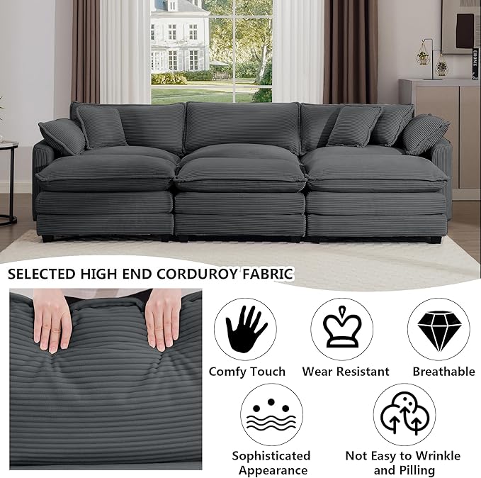 Aoowow Corduroy 3 Seater Sleeper Couch with OttomansLarge Cloud Couches for Living RoomTufted Modular Sectional Cloud Sofas Deep SeatOversized Chaise Lounge Sofa (Grey 3 Seater + 3 Ottoman)
