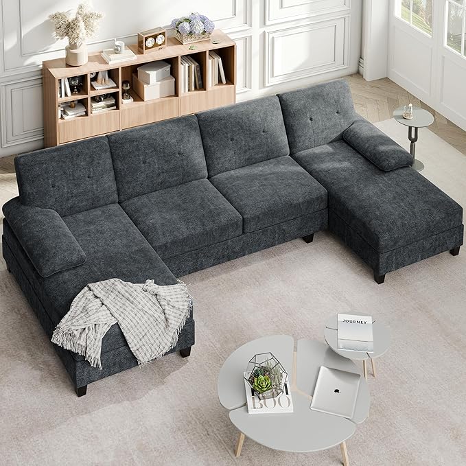 Shintenchi U-Shaped Sectional Couches for Living Room 4 Seat Sofa with Double Chaise LoungesSolid Wood Frame Sectional Sofa for ApartmentDark Grey