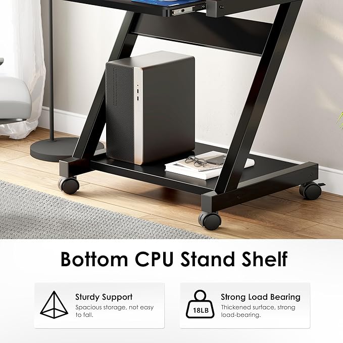 sogesfurniture Mobile Computer Desk Small Rolling Work Workstation for Home and Office with Printer Shelf Keyboard Drawers23.6 x 18.9 x 28.7 InchesBHUS-DX-8110-BB(Black)