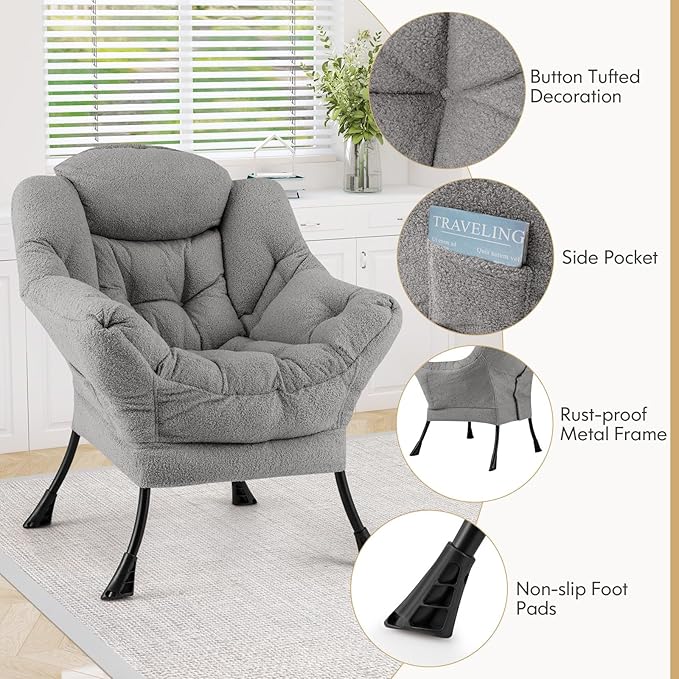 Byroce Lazy Chair Single Sofa Sherpa Chair with PP Cotton Filler Head Pillow &amp Zipper Design Modern Leisure Reading Chair Comfy Lounge Accent Chair for Living Room Bedroom &amp Home Office (