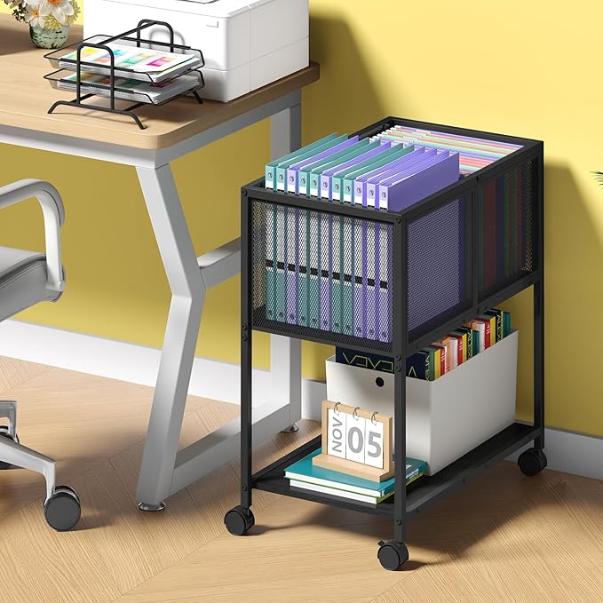 Rolling File Cart Mobile File Cabinet with Wheels Hanging Files Metal Hanging File Folder Cart File Organizer Fit Letter Size for Home Office Black