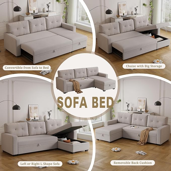 82 L-Shape Convertible Sleeper Sectional Sofa with Storage Chaise and Pull-Out BedModular Corner Couch Loungew/Removable 3 Back Cushions &amp Armrestfor Home FurnitureBeige