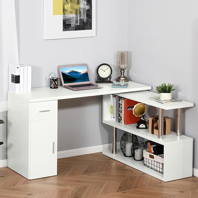 Rotating Computer Desk 55 L Shaped Desk Corner Desk with Storage Shelves Cabinet and Drawer for Home Office White