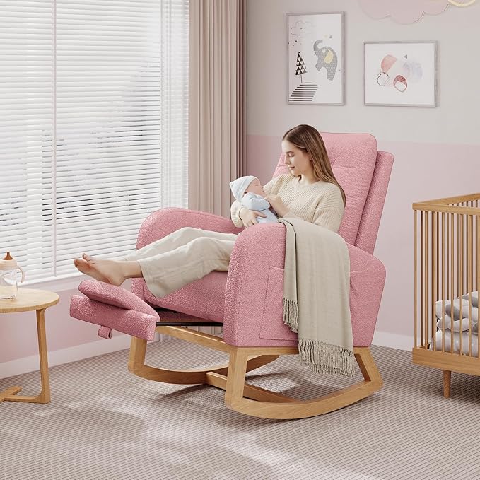 GarveeHome Nursery Rocking Chair with Adjustable Footrest Teddy Fleece Upholstery Sturdy Wooden Legs &amp High Backrest Comfortable Glider Rocking Chair for Living Room or Bedroom Pink
