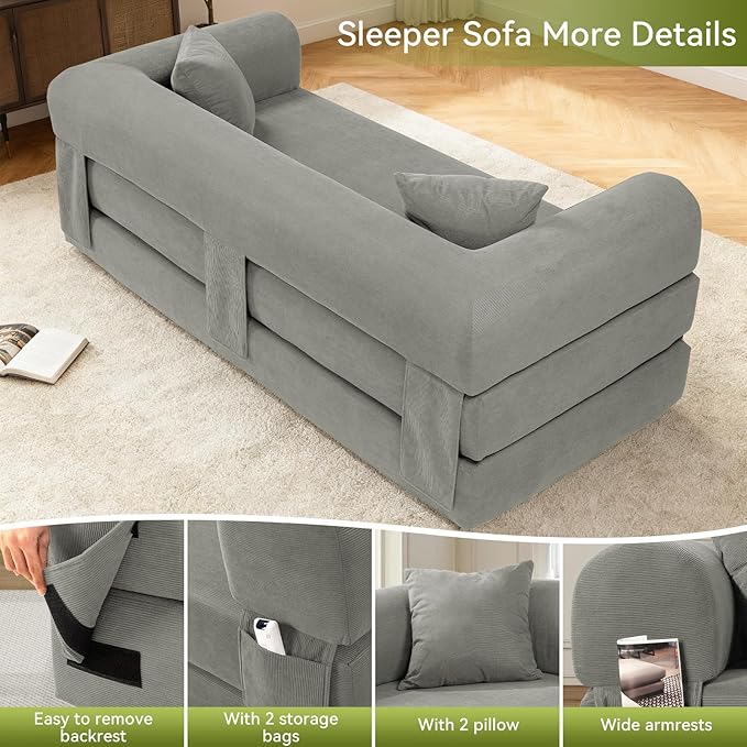 Convertible Futon Sofa Bed80 Folding Pull Out Couch Bed with StorageQueen Sleeper Sofa BedCompressed Couch in a BoxCorduroy Boneless Couches for Living RoomLight Grey