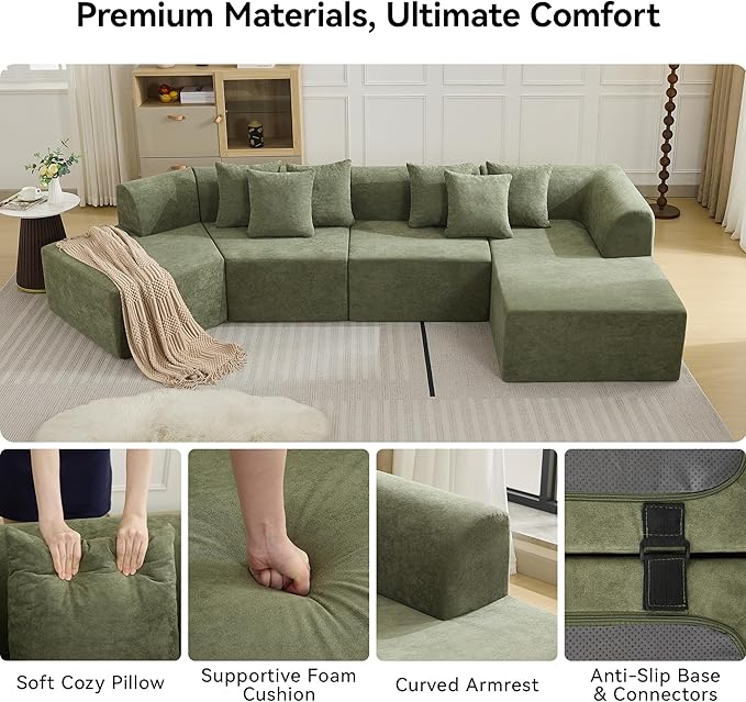 140''Oversized Cloud Velvet Curved Sectional Couch Boneless Couch with L-Shape Chaise Upholstered Compression Memory Foam Modular Sectional Sofa for Living Room No Assembly Required Green