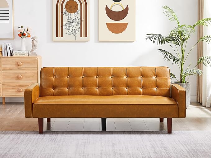 74.4 Faux Leather Couch Bed Sofa Bed Small Space Sleeper Couch with Adjustable Backrest Mid Century Modern Couches for Small Living Room Office Bedroom Apartment (Brown)
