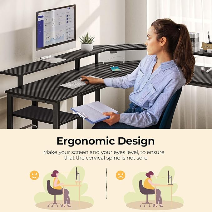 Rolanstar L Shaped Gaming Desk with LED Lights &amp Power Outlets 46.2 Computer Desk with Full Monitor Stand &amp Storage Shelf Corner Desk with Hooks Carbon Fiber Desk Reversible