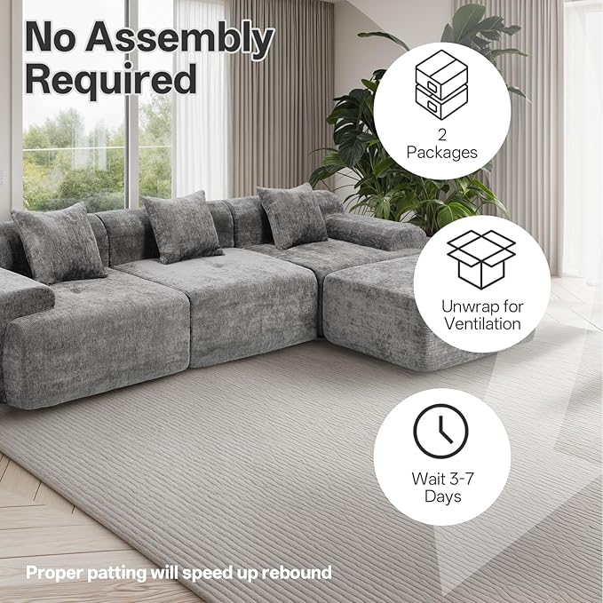 119’’ Modular Sectional Sofa Cloud Sectional Couch with Deep Seat Modern Modular Compression Sofa Couch with Chaise Upholstered Couches Throw Pillows for Living Room Bedroom Grey