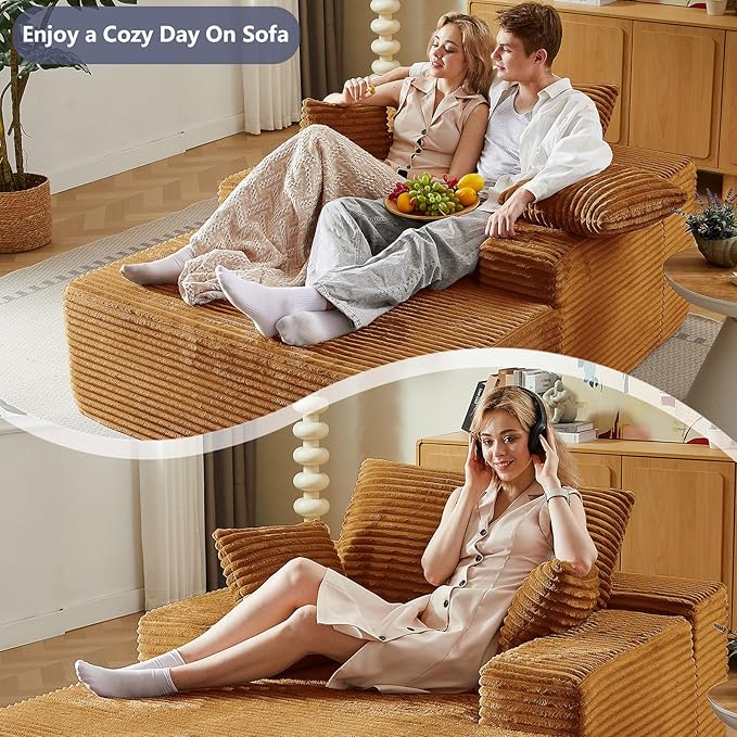 49.2 Oversized Chaise Lounge Chair Indoor Modern Upholstered Deep Seat Sofa Bed Sleeper Couch Reading Chairs Comfy Corduroy Cloud Sofas Couches for Living Room No Assembly Orange