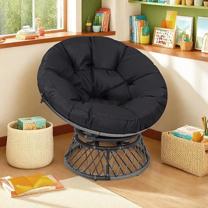 40 Ergonomic Wicker Papasan Chair 360° Swivel Indoor Outdoor Rattan Chair with Soft Thick Cushion Ideal for Living Room Bedroom Reading Room Grey Frame with Black Cushion