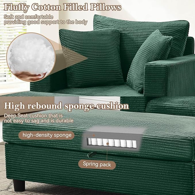 Chaise Lounge Chair IndoorOversized Corduroy Upholstered Sofa Bed with Removable Storage Ottoman Small Cloud Sofas for Living Room Comfy Deep Seat Sleeper Couch Reading Chairs (Green)