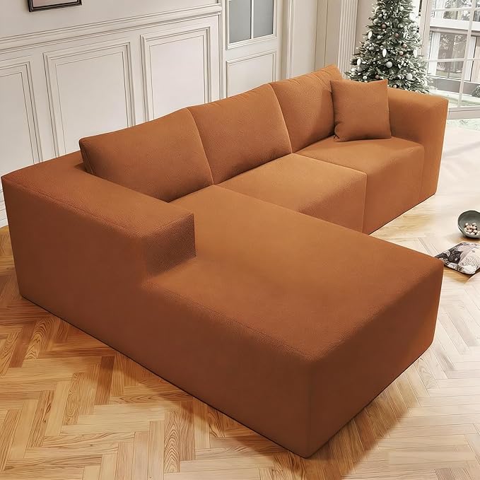 108 Cloud Sectional Couch with L-Shape Chaise Boneless Couch 4 Seat Modern Modular Sofa Deep Seat Pillows Memory Foam Upholstered Couches for Living Room Bedroom Relaxation Teddy Fabric