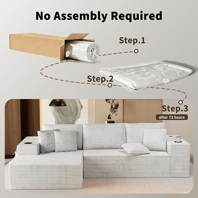 104.3 Modular Sectional Sofa Beige Boneless Couch Left Chaise L Shaped Couch with USB Ports 2 Cup Holders 2 Side Storage Bags &amp Lint Remover No Assembly Sectional Couches for Living Room