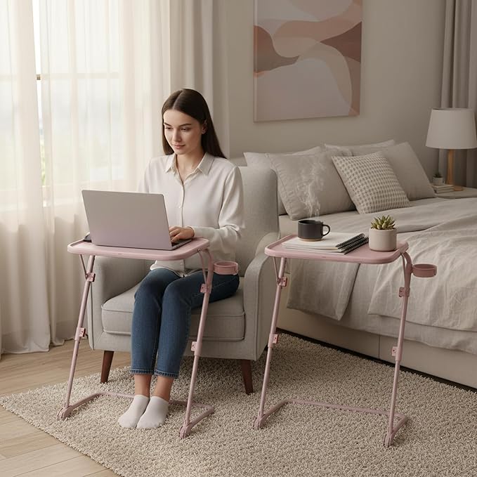 Homy Casa Adjustable Z Shaped Study Desk with Cup Holder Space Saving Portable Laptop Foldable Table for Home Office Living Room &amp Bedroom Sturdy Metal Frame &amp PP Top Black (2PCS-Pink)