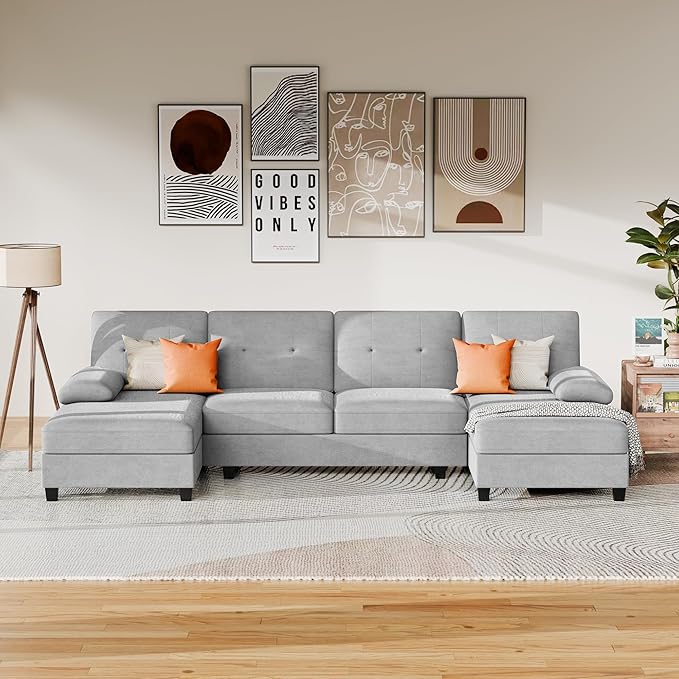 JAMFLY Sectional Sofa Couches for Living Room U Shaped Sofa Living Room Furniture Sets 4 Seat Modular Sectional Couch with Chaise Light Grey