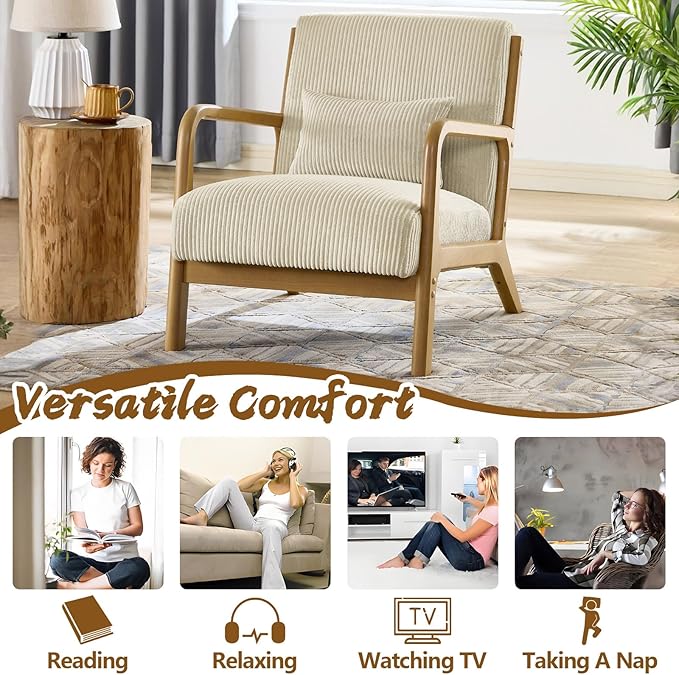 Midcentury Modern ChairWooden Beige Accent Chair with PillowCorduroy Arm Chair for Living RoomBedroomSmall Rooms (Beige)