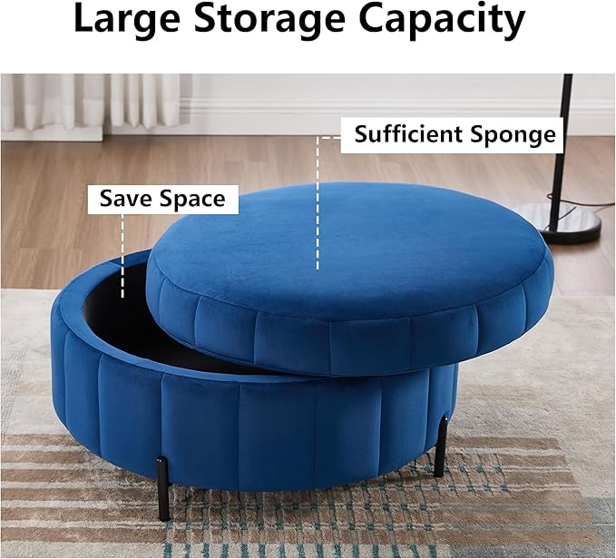 Navy Round Ottoman with StorageReversible Lid Upholstered Ottoman Coffee Table 31.5Circle Foot Stool for Living RoomBedroom