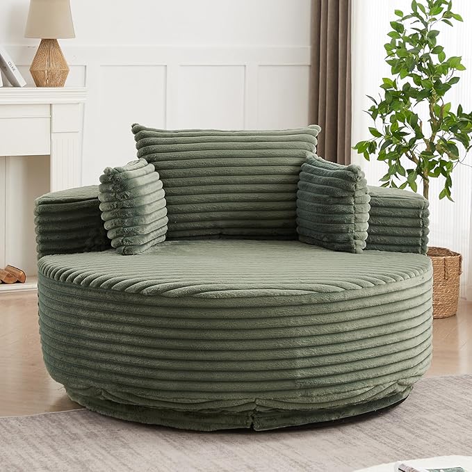 55 inch 360° Swivel Accent Chair Chaise Lounge Chair Indoor Oversized Round Swivel Accent Chair Modern Corduroy Single Sofa Chair Deep Seat Chair for Living Room Bedroom Apartment Green