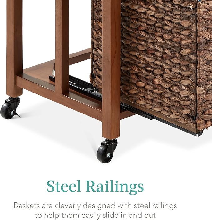 Best Choice Products Vertical Rolling File Cabinet Multipurpose Portable Water Hyacinth Basket Organizer for Home Office Workspace w/Rubberwood Frame Metal Sliders Locking Caster Wheels - Mocha