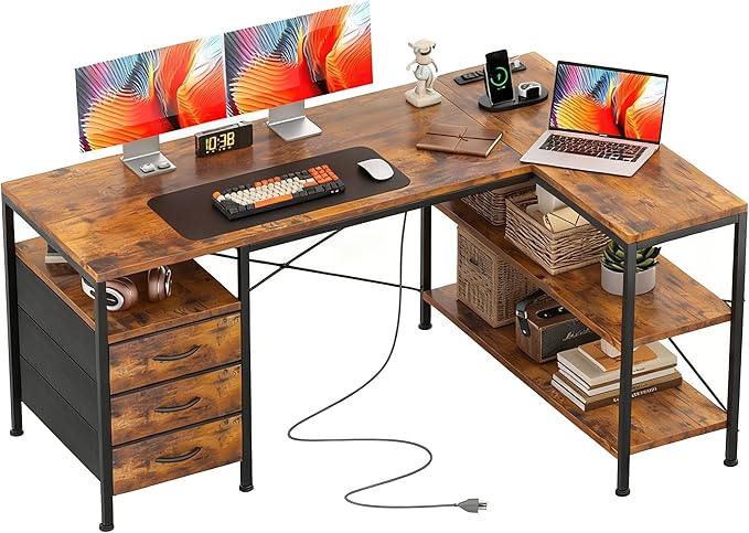 Alpen L Shaped Computer Desk 55 Inch Corner Desk with Drawers and Power Outlets Home Office Desk for Gaming Study Writing PC Table with Storage and Reversible Shelf Rustic Brown