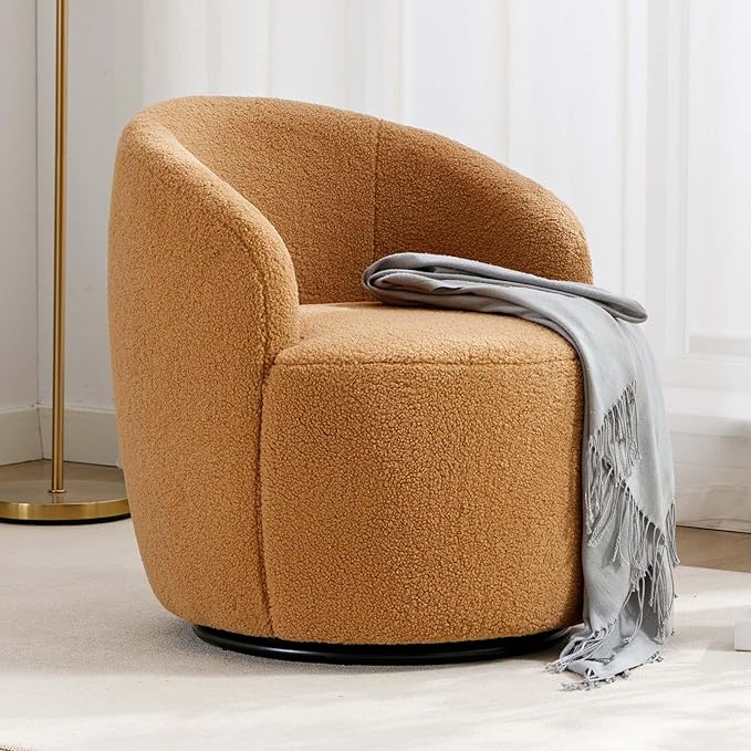 Swivel Barrel Chair with Foam FilledSwivel Accent ChairComfy Backrest Teddy Round Swivel Chair for Living Room (Khaki)