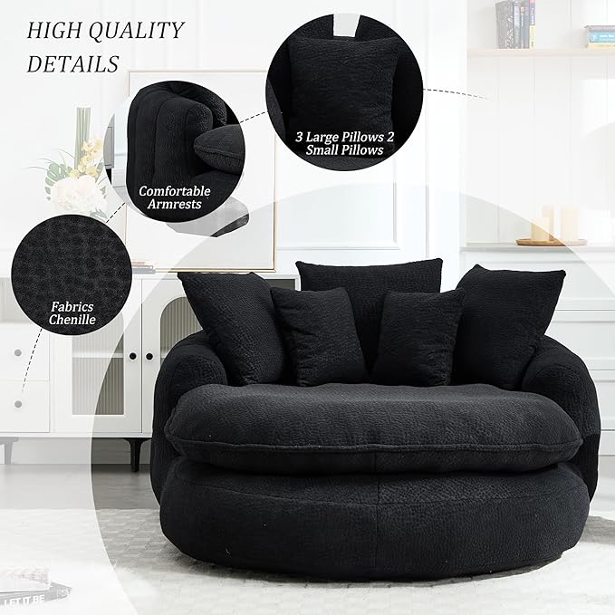 KEIKI 71 Chenille Round Boneless Sofa Couch Oversized Chaise Lounge Chair Couches Indoor No Assembly Required Floor Lazy Bean Bag Modern Sleeper Sofa Bed for Living Guest Room &amp Bedroom Black
