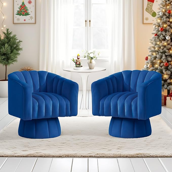 YSICK Swivel Accent Chair 360°Swivel Barrel Chair Modern Ottoman with Velvet Fabric Mid-Century Ottoman with Wide Upholstered Round Armchair for Living Room Lounge BedroomBlue