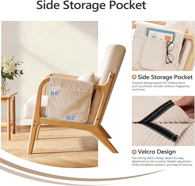 Accent Chair Mid Century Modern Chair with Side Storage Pocket Upholstered Living Room Chairs Armchair Lumbar Cushion &amp Solid Wood Frame for Bedroom Easy Assembly Beige