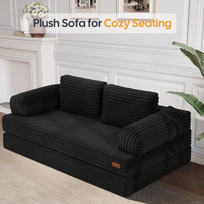 MeMoreCool Convertible Sofa Bed Black Folding Floor Couch Bed Queen Pull Out Sleeper Couch with Pillows Corduroy Fold Out Futon Sofa for Bedroom Living Room Small Space