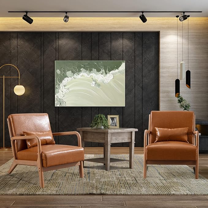 INZOY Mid Century Modern Accent Chair with Wood Frame PU Leather Reading Armchair with Waist Cushion Upholstered Living Room Chairs for Bedroom Sunroom (Camel)