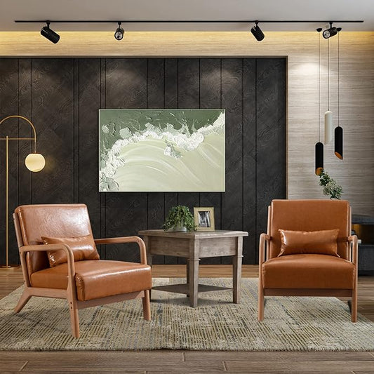 INZOY Mid-Century Modern Accent Chair Set of 2 PU Leather Reading Armchair with Waist Cushion Upholstered Living Room Chairs for Bedroom Sunroom Camel Set