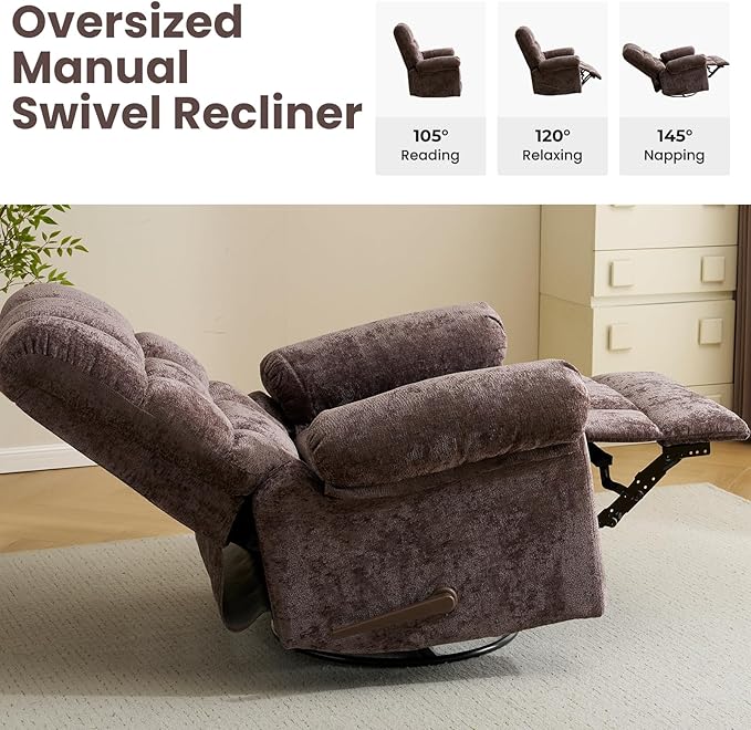 Oversized Swivel Rocker Recliner with Massage and Heat Overstuffed Rocking Chair with High Back Manual Rocker Recliner for Adults &amp Big Man Comfy Soft Recliner Chair Coffee Chenille