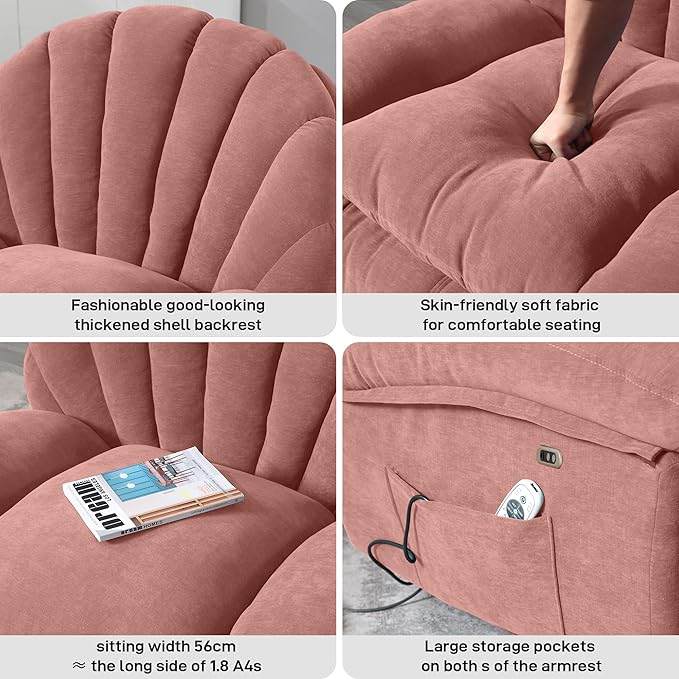 Power Recliner Chair Swivel Comfortable Soft Fabric Shell Shape with Storage 360 Swivel Electric Big Tall Single Reclining Sofa for Adults Living Room Bedroom (Pink)