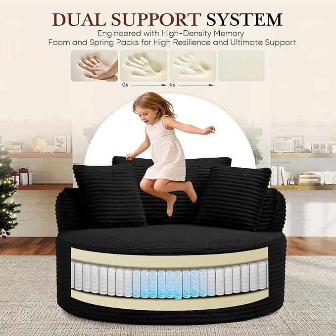 Antetek 53-inch Round Chaise Lounge Chair Indoor Modern Cloud Single Corduroy Couch with 3 Pillows Boneless Compressed Memory Foam Sofa Chair for Living Room Bedroom Apartment Black
