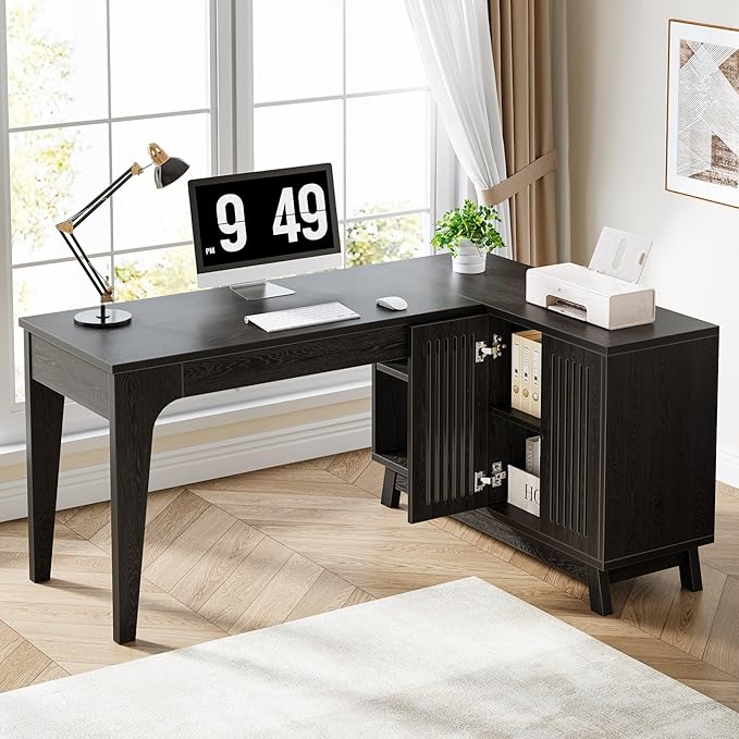 Tribesigns L-Shaped Desk with Storage Cabinet 57-Inch Wood Corner Workstation Home Office Computer Desk Study Writing Table (Black)
