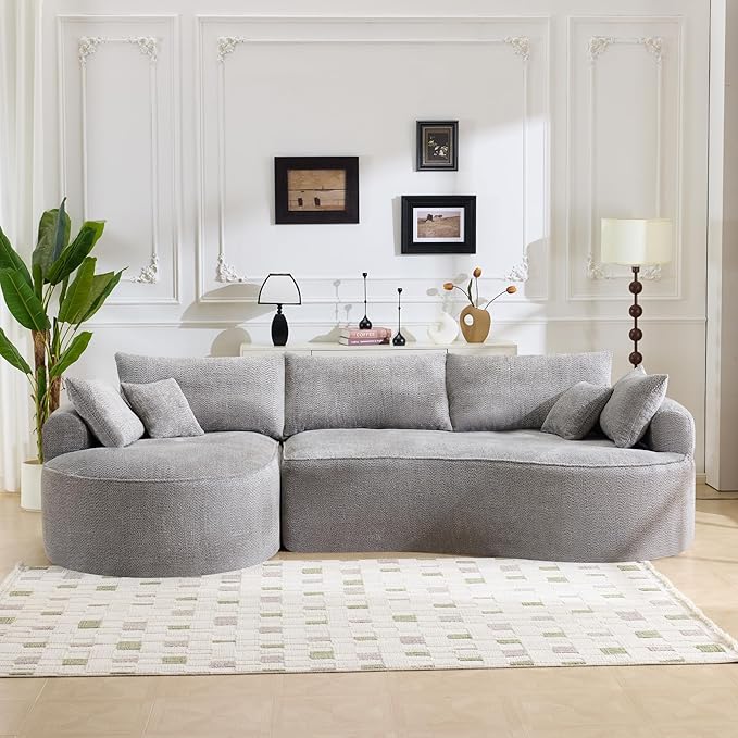 124.5 Oversized Curved Boneless Couches for Living Room Chenille Sectional Sofa with 7 Pillows L-Shape Boneless Couch with Deep Seat High-Density Memory Foam No Assembly Required (Grey)