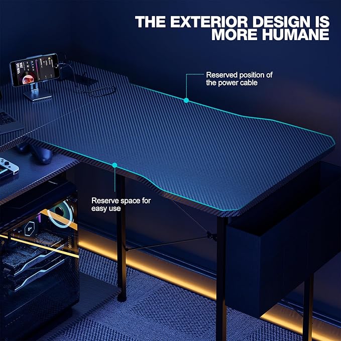 L Shaped Gaming Desk 48 Inch - Computer Corner Desk with Power Outlets Reversible Shelves &amp Storage Bag for Home Office PC Gaming Table Black Carbon