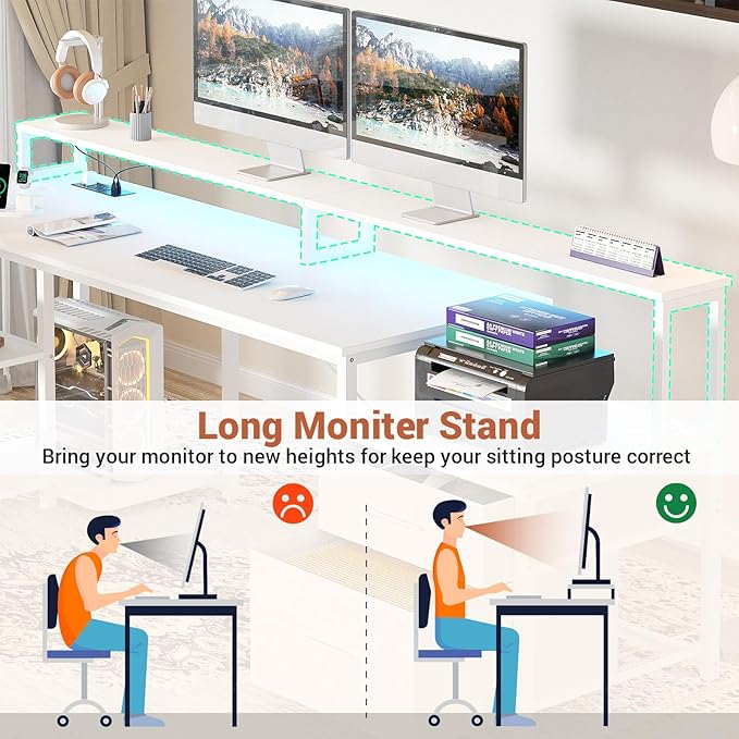 Aheaplus L Shaped Desk with Power Outlet Reversible L Shaped Computer Desk with File Drawer &amp Monitor Stand Gaming Desks with LED Strip Home Office Desk with Storage Shelf White